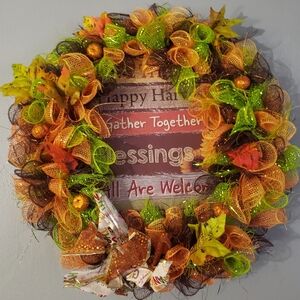 Bright Orange & Green Autumn Mesh Wreath — Thanksgiving